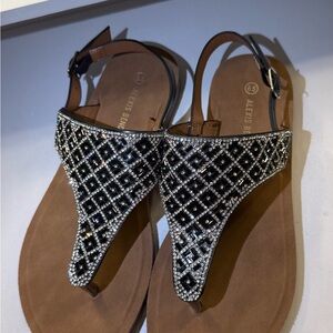 Alexis Black and Brown Crystal T-Strap Sandals
